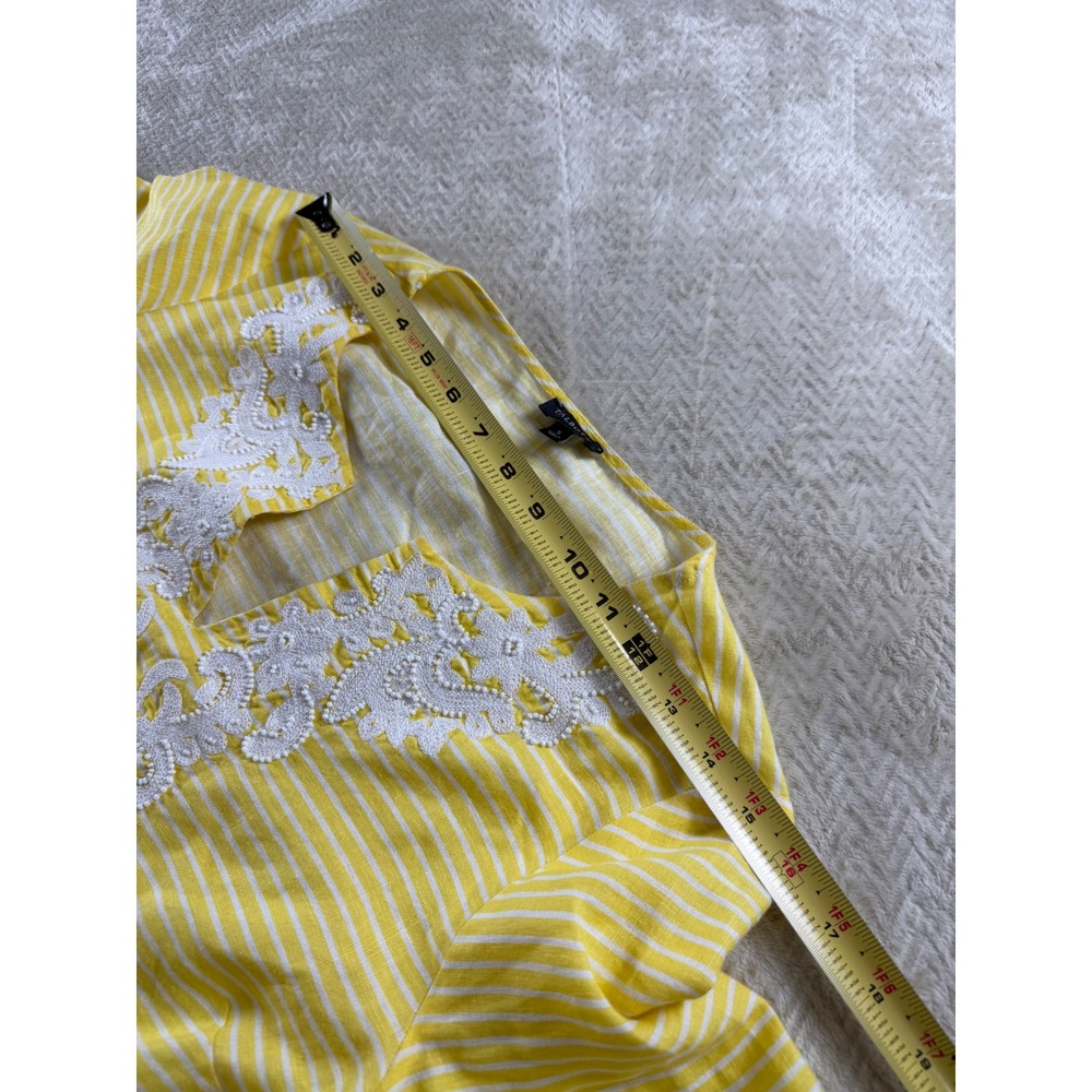 Talbots Womens Yellow White Striped 100% Linen Embroidered V-Neck Tunic Top S - Picture 14 of 16